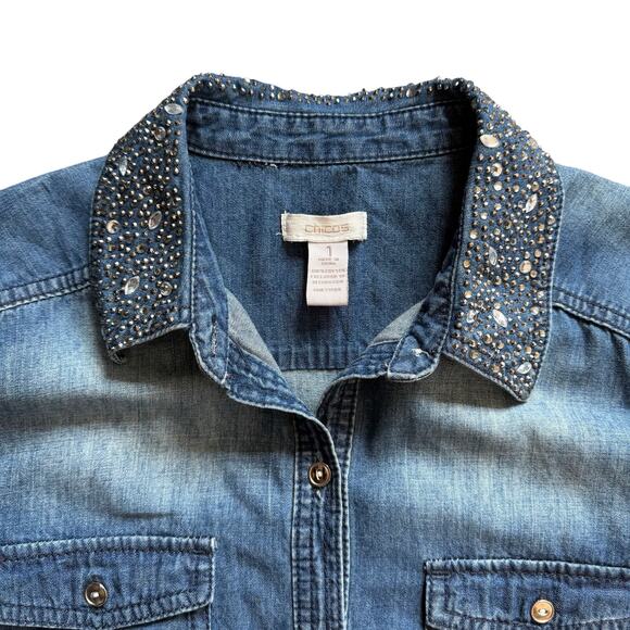 Chicos Rhinestone Collar Denim Chambray Button Up Shirt Long Sleeve Size 1 - Picture 3 of 11
